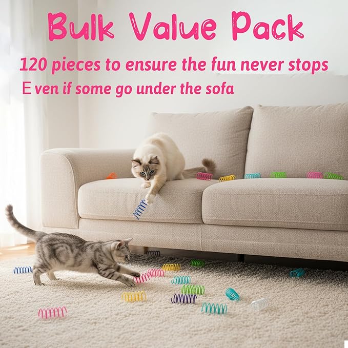 120 Pack Cat Spring Toy - 12 Colors Interactive Cat Toys for Kitten, Durable Plastic Cat Toy Springs for Indoor, Bouncy Spiral Coils for Swatting, Biting, Hunting and Active Play