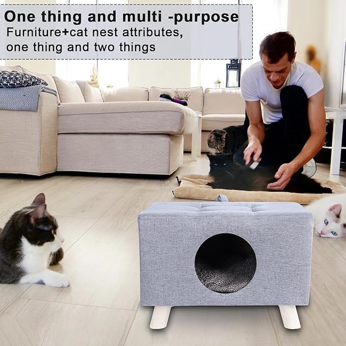 Cat Nest, Wooden Pet House Ben with Mat, Cat or Dog Furniture Bed - Wooden Feet, Enclosed Design Cat Cube, Cozy Condo Cave, 18.7x10.2x11.8 Inch (Grey) 1 Set