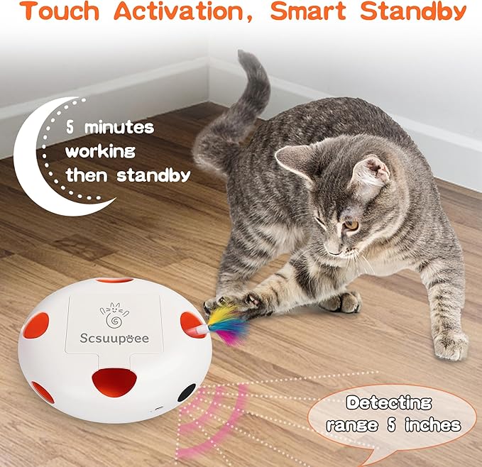 Cat Toys, Rechargeable Interactive Cat Toy, Smart Sensor Pop-Up Feather Toy with 7 Holes, USB Powered Automatic Kitten Toy for Indoor Cats, White