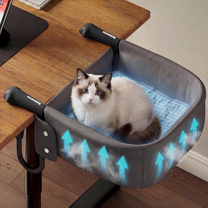 Cat Desk Bed with Cooling Mat for Summer Heavy Duty Cat Bed for Desk Attachment for Large Cats 50 lbs Extra Sturdy Dog Chair Dual-Sided Mat Waterproof Easy Assembly for Gaming Desk Kitchen Island Gray