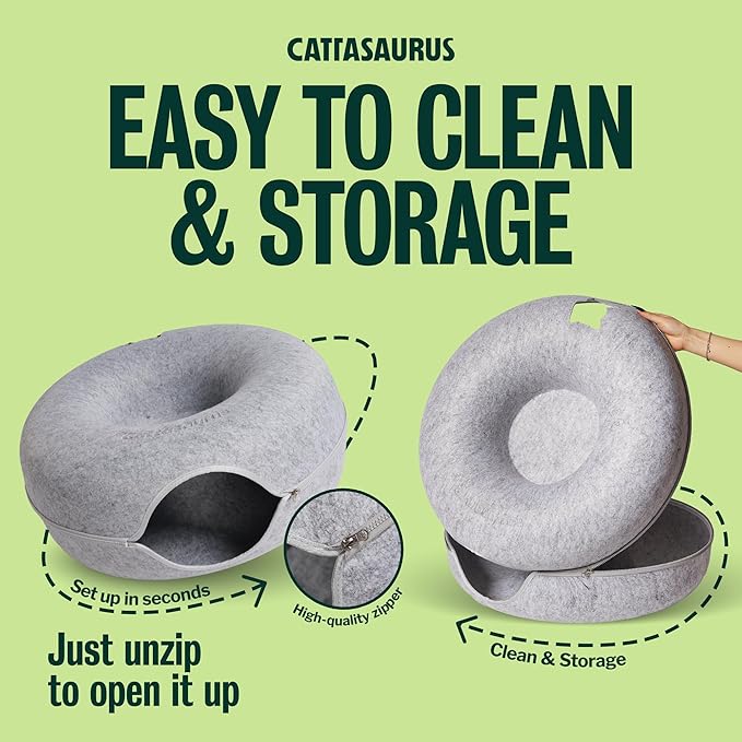Cattasaurus Peekaboo Cat Cave Donut for Multiple & Large Cats up to 30-45 lbs, 3-in-1 Self Warming Cat Bed, Tunnel & Scratcher for Indoor Cats, Washable & Detachable Small Dog Bed (Light Gray, Large)
