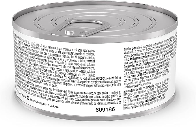 Hill's Science Diet Adult Urinary & Hairball Control Wet Cat Food, Turkey & Vegetable Stew, 2.9 oz. Cans, 24-Pack