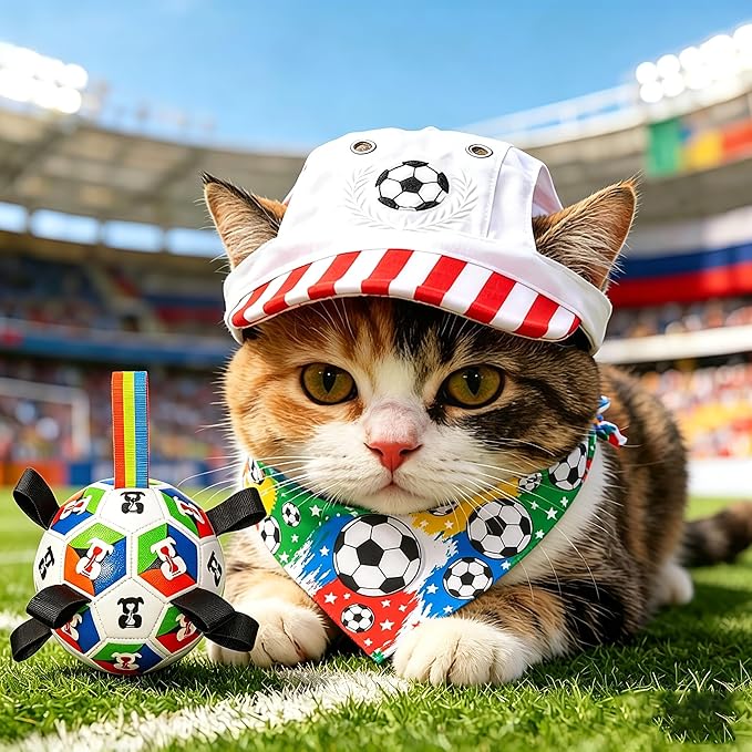 World Cup Football-Themed Dog Accessories: Triangular Bandana and hat Set. Breathable and Comfortable, Adjustable fit, Suitable for Small to Medium-Sized Pets for Outdoor Activities and photoshoots.