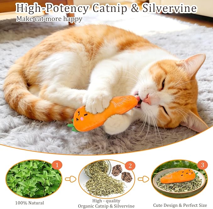 ETEKYER Catnip Cat Toys, 5 Pack, Plush Catnip Toys for Indoor Cats Kitty, Interactive Cat Nip Kitten Kicker Chew Safe Teeth Cleaning Toys, Fun Carrot Vegetable Shape