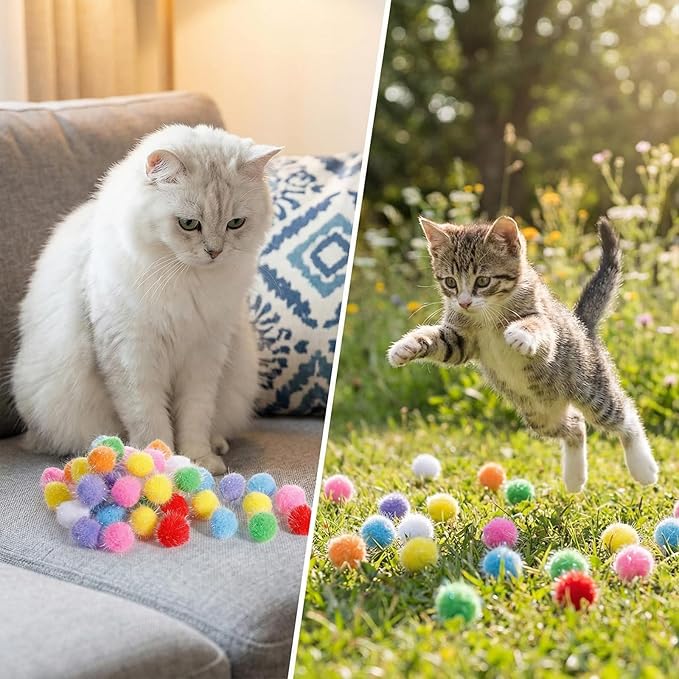 60 Pcs Cat Pom Pom Balls, 1.5 Inch Sparkle Balls for Cats, Assorted Colors, Interactive Glitter Toys for Indoor Cats Exercise & Play