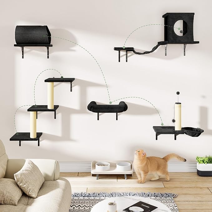 NUNU LAB 14-in-1 Cat Wall Shelves Set, Wall-Mounted Cat Climber with Bridge, Tunnel, House, Scratcher, Steps, Indoor Space-Saving Furniture for Kittens Play, Gray
