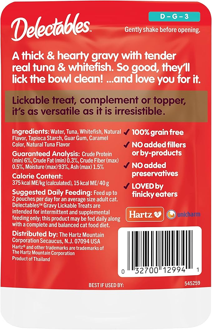 Delectables Lickable Treat Gravy Wet Cat Treat with Real Tuna & Whitefish, Food Topper, Hydrating, Grain-Free, No Fillers, By-Products, Added Preservatives, 1.4oz Pouch, 12ct