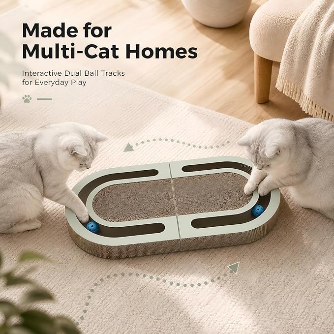 Interactive Cat Scratcher Lounge for Indoor Cats, 26" Large Foldable Cat Scratcher with Ball Track, Double-Sided Corrugated Cat Scratch Pad Bed for Scratching, Playing, Lounging & Relaxing