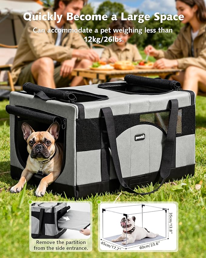 Pecute Dual Compartment Pet Carrier for Multi-Cat Families & Small Dog Owners, Collapsible Dog Crate with Reinforced Steel Frame, Car Safety Design for Travel, Vet Visits & Home Use, Gray