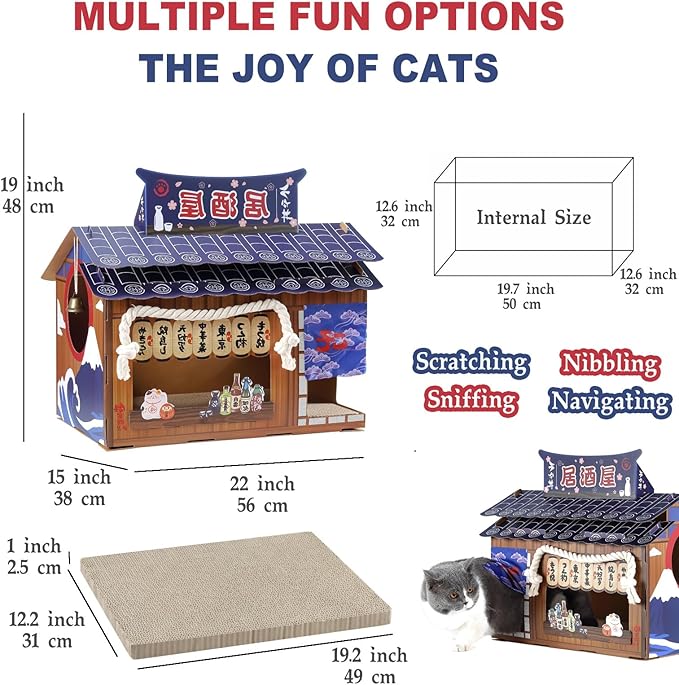 Cardboard Cat House with Scratcher – Japanese Izakaya Style, 22" L×15" W×19" H, Indoor Cat Playhouse & Hideout, Corrugated Cat Scratch Toy for Cats up to 33 lbs, Small Pets, Cute Home Decor Gift