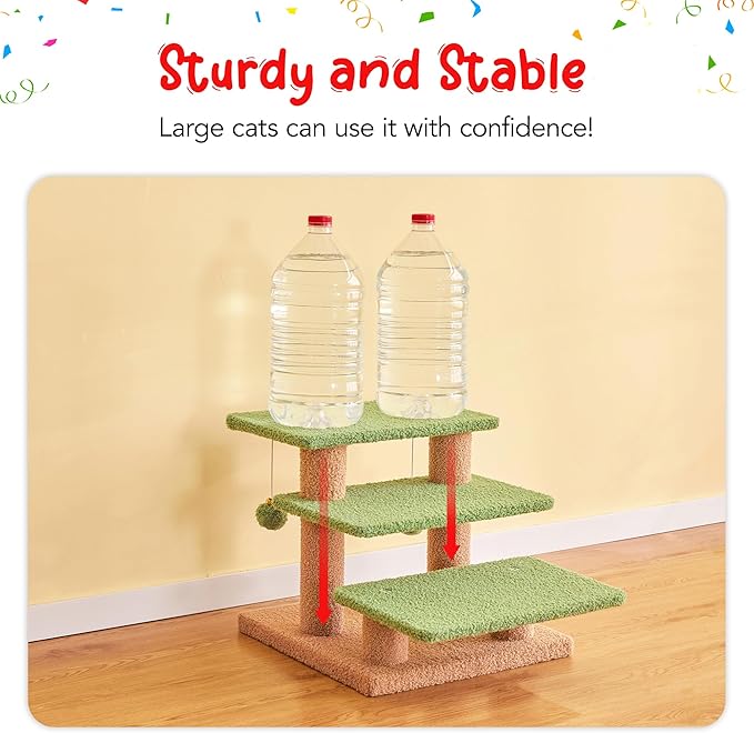 15''H Green Multi-Step Pet Stairs for High Beds & Sofas, 3-Step Cat Stairs with 2 Toy Balls, Wide Boards for Indoor Kittens Dogs Pets Climbing