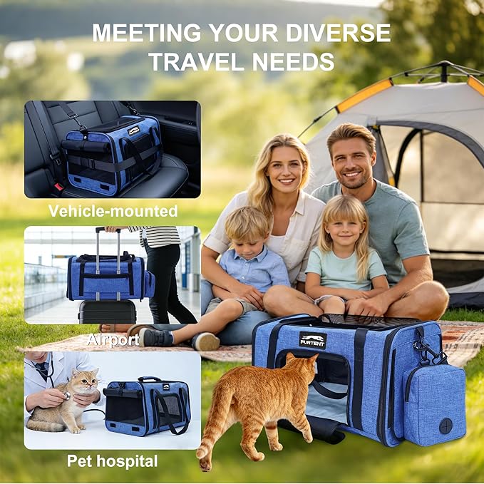 Soft Sided Cat Carrier Airline Approved up to 15lbs, 17x11x9.5 Inch Ventilated Pet Travel Bag with Foldable Litter Box & Storage, Portable Cat Transport Carrier for Flights Car Vet Blue
