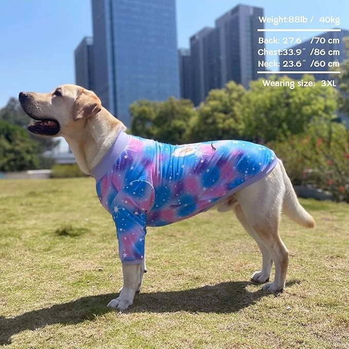 Dog Blue Purple Tiedye T Shirts Shining Unicorn Pattern Printed Pet Shirt Softable Pajamas for Large Dogs (3XL, Blue)
