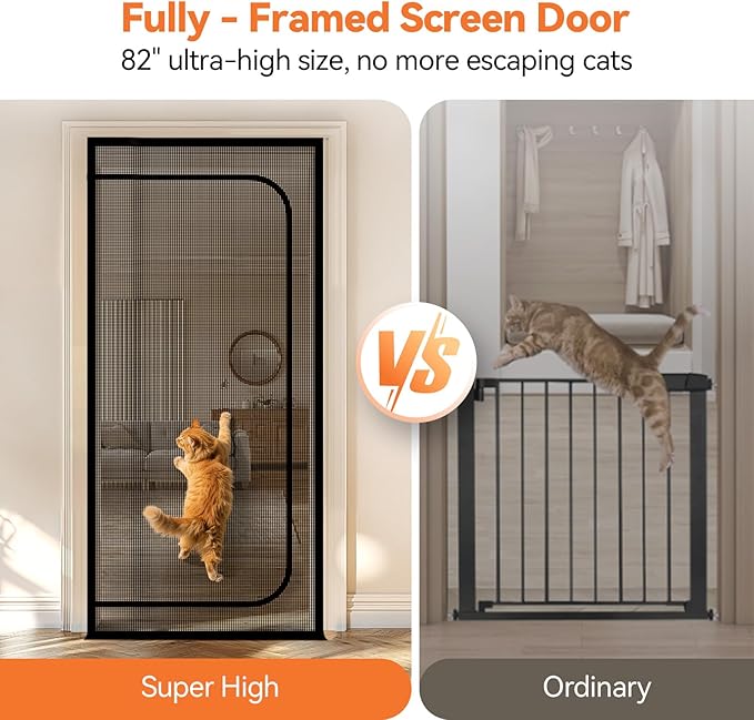 BFNN Cat Screen Door, Extra Tall Cat-Proof Mesh Gate, Fit Door Size 36'' x 82'', Anti Scratch Mesh with Zipper Closure, for Living Room, Kitchen, Bedroom (Black)