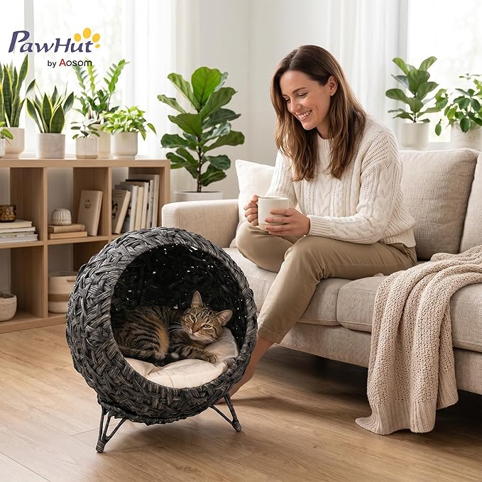 PawHut Rattan Cat Bed, Elevated Handwoven Cat Basket Bed with Soft Cushion and Metal Base, Indoor Kitty Furniture, Breathable, for Kittens, Gray