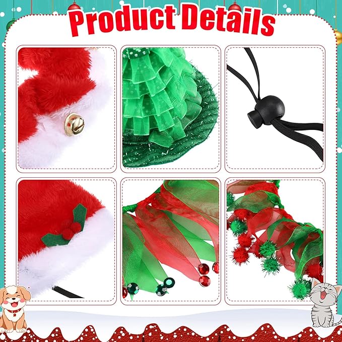 16 Pcs Cat Christmas Costume Suit Santa Hats and Tutu Collar Xmas Cat Outfit Green Shiny Hat Christmas Cat Collar with Bell Hat Kitten Outfit Clothing for Puppy Cat Pets Gift