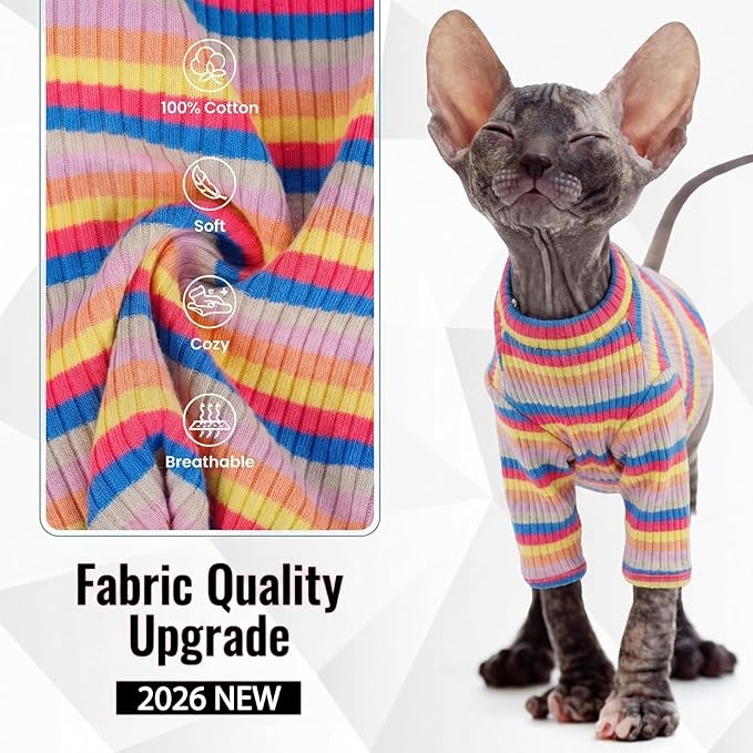 DENTRUN Hairless Cats Shirt Breathable Cat Daily Wear Clothes Stripe Vest Adorable Pajamas Jumpsuit Soft & Skin-Friendly