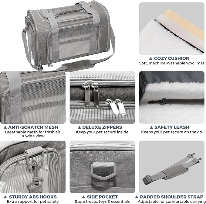 Soft-Sided Cat Carrier Expandable Pet Carrier Airline Approved Mesh Travel Carrier Up to 15lbs for Cats Small Dogs Collapsible Escape-Proof with Shoulder Strap (18x11x11 Gray)