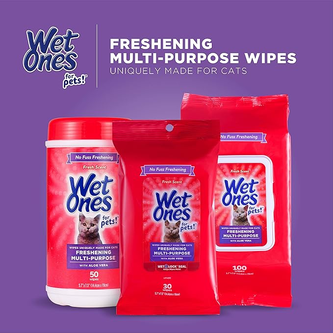 Wet Ones for Pets Freshening Multipurpose Cat Wipes with Aloe Vera, Fresh Scent - Easy to Use Cat Freshening and Grooming Wipes with Wet Lock Seal, 100 Count - 12 Pack