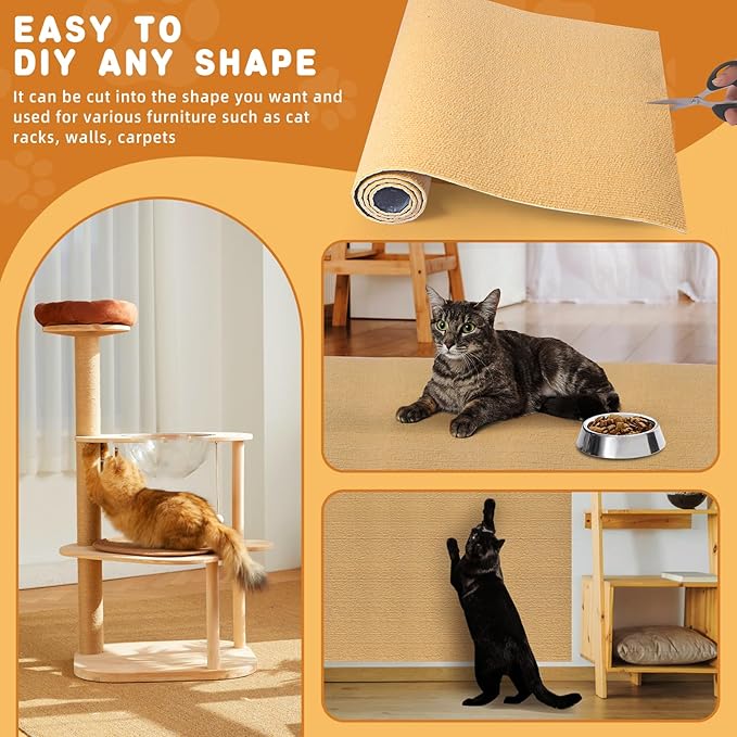 4pack Cat Scratch Couch Furniture and Wall Protector | Adhesive Cat Scratch Pad for Covering Cat Tower, DIY Climbing Cat Scratcher Couch Protector from Cat Claws Scratching (Khaki)