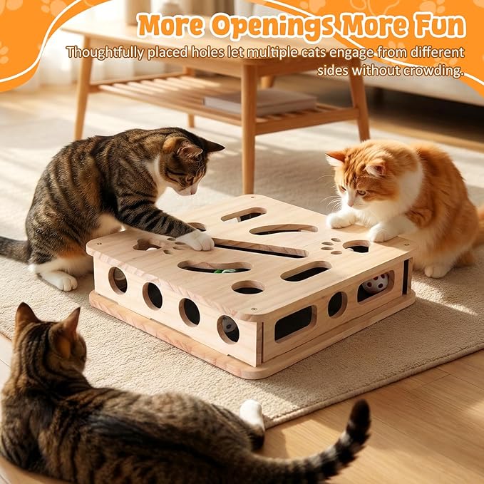 2026 Upgrade Cat Nail File Box, No Assembly Required, Solid Wood Cat Nail File Enrichment Box with 3 Bell Balls, 1 Teaser Wand & Replacement Sandpaper, Stress-Free Alternative to Clippers & Grinders