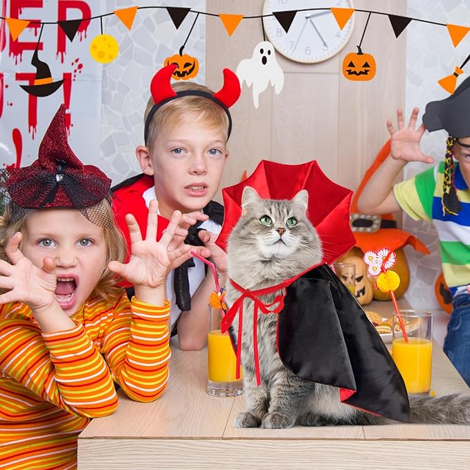 Pet Vampire Cape Costume for Cats and Small Dogs, Funny Adjustable Pet Cloak Apparel for Halloween, Birthday, Photoshoot, Cosplay Dress Up Accessories
