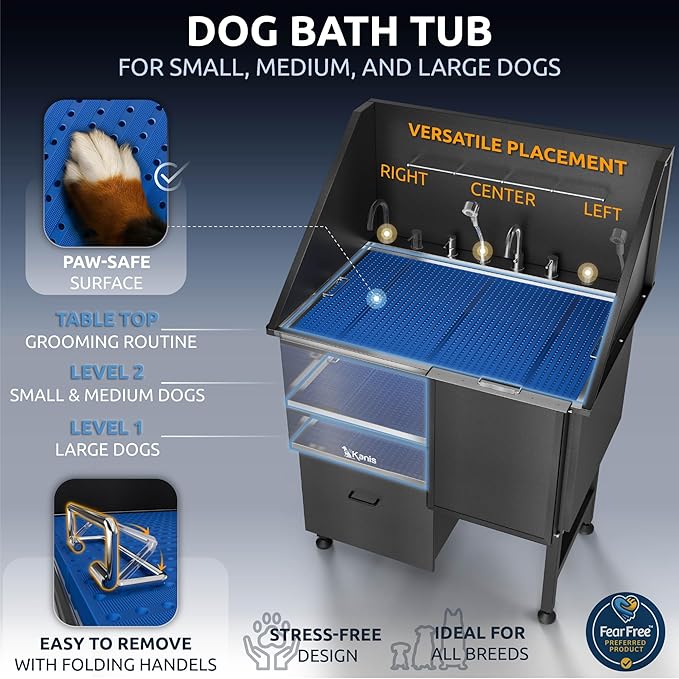 KANIS Professional Dog Washing Station 304 Stainless Steel Pet Wash Sink & Grooming Bathtub w/Shower, Floor Grates and Storage for Large, Medium & Small Pets (Black, 40 Inches, Right Ramp, 1 Drawer)