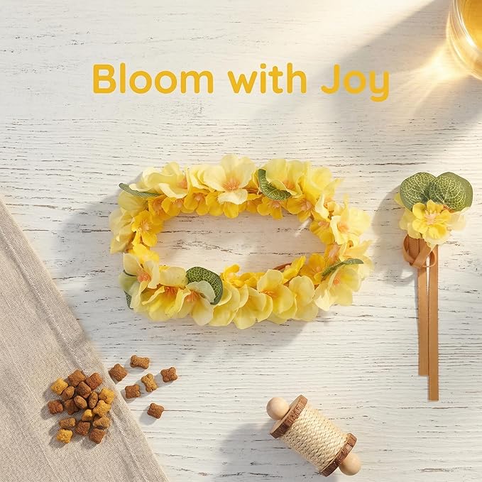 Yellow Floral Pet Crown for Cats and Rabbit, Adjustable Flower Headpiece with Ribbon Tie, Silk Flowers, 3D Surround Design