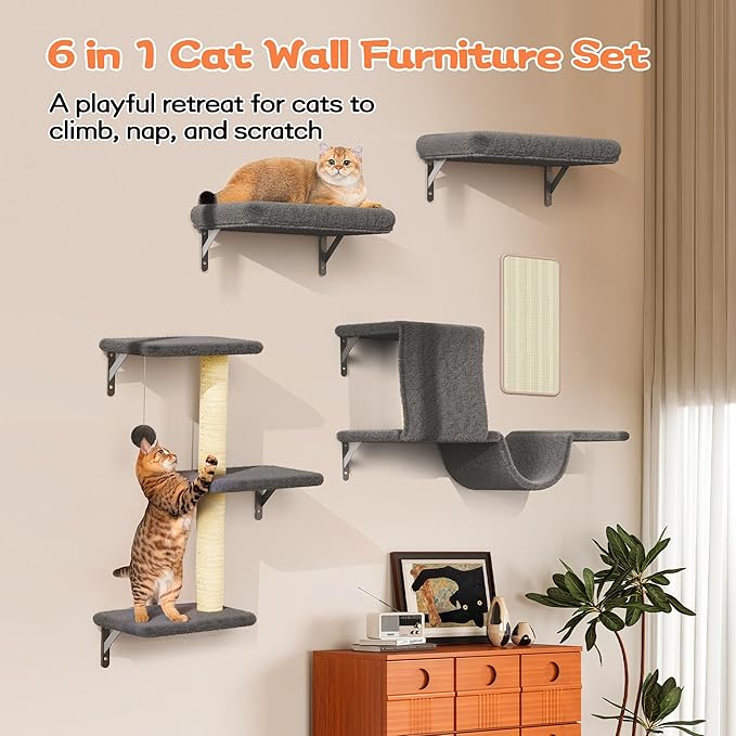 Cat Wall Shelves for Large Cats, Stable & Safe Kitty Walls Furniture Set for 40LBS Cats with Wooden Cat Climber,House, Bridge, Tree, Steps, and Scratcher for 16 Inch Drywall (Black, 5-in-1)
