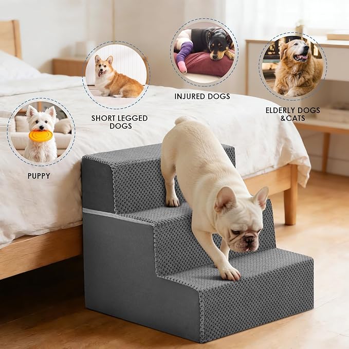 DUMOS Dog Stairs for Small and Medium Dogs, 3-Step Pet Steps with High-Density Foam, Indoor Non-Slip Pet Ramp for Puppy and Older Dogs Cats, Dog Bed Stairs for Couch and Sofa(Grey)