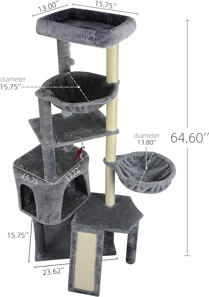 Wang Xin Four Layer Big Cat Tree with Huge Cat Condo and Two Hammocks Scratch Pad,Grey