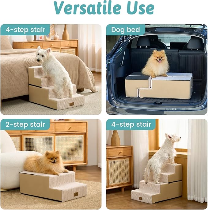 COZY KISS Dog Stairs for Small Dogs, 4 Tier Removable Pet Stairs for Couch and Bed, 17.7" H Dog Steps for Old Cats, Puppy, Small Dogs, 15.7x23.6x17.7 inch, Beige