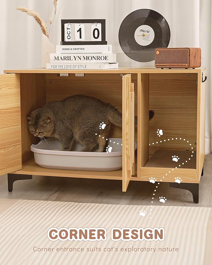 Cat Litter Box Enclosure,Stylish Hidden Litter Box Furniture, Modern Cat Litter Furniture Cabinet, Side End Table, Cat House with Scratch Pad, for Living Room, Bedroom, Entry Foyer