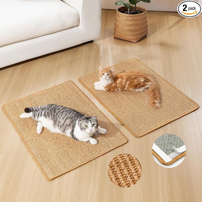 Cat Scratcher Mat,Sisal Cat Scratch Pad with Hook&Loop Tape,Wall Floor Kitten Scratching Pads Rug for Indoor,Furniture Protector for Couch&Carpets&Sofas,Kitty Bithday Gifts,Large,Brown,2 Pack