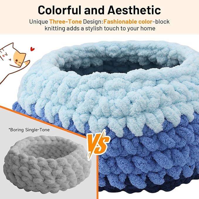 Handwoven Soft Cat Cave Bed, Indoor Cat Beds with Washable Round Nest, Kitten House & Cat Furniture, Cloud Blue
