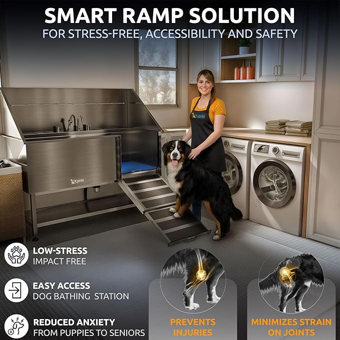 KANIS Professional Dog Washing Station 304 Stainless Steel Pet Wash Sink & Grooming Bathtub w/Shower, Floor Grates and Storage for Large, Medium & Small Pets (Silver, 61 Inches, Right Ramp, Shelf)
