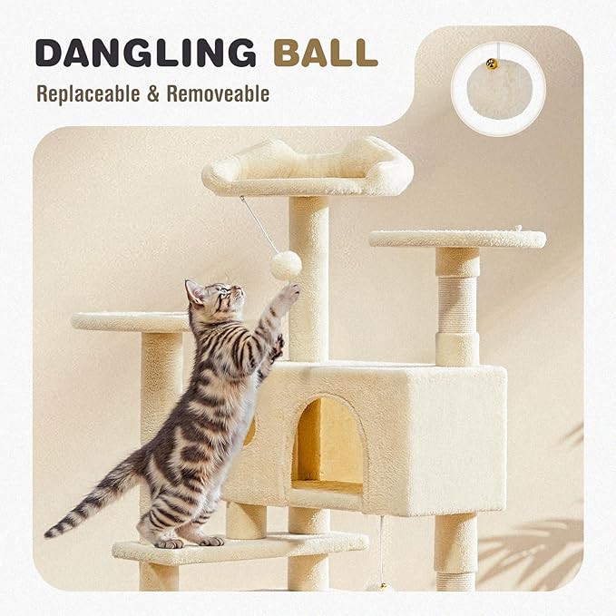 Cat Tree 54 Inch, Multi-Level Cat Tower with Condo, Perches, Sisal Scratching Posts and Climbing Ladder, Pet Play Toy Balls House for Indoor Cats