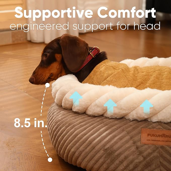 FUKUMARU Dog Bed, 25in Large Round Cat Beds, Plush Faux Fur&Corduroy Cat Beds, Cute Round Washable Pet Bed for Large Cats and Small Dogs, Cat Cave with Anti-Slip Bottom, 25inch, Camel