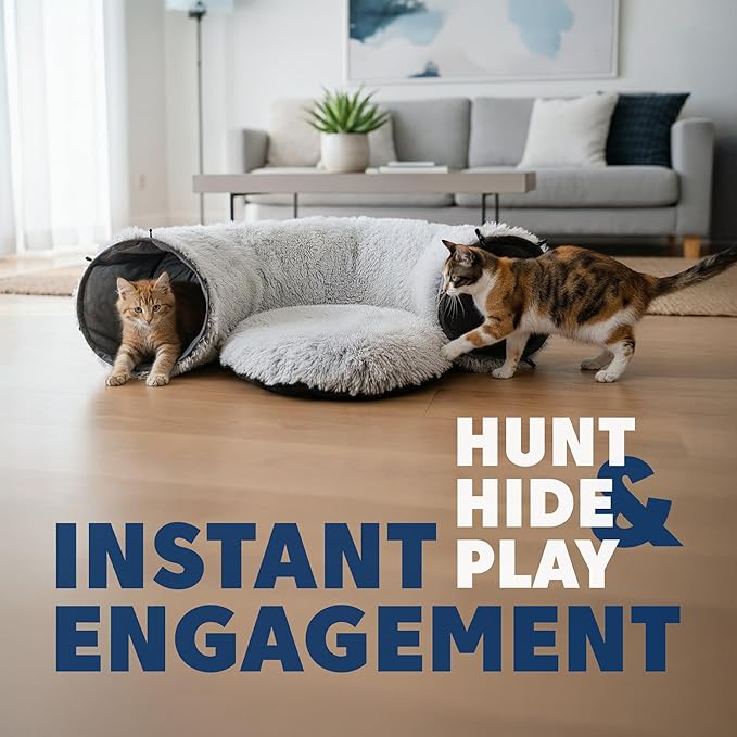 Large Cat Donut Tunnel Bed - Cat Tunnels for Indoor Cats - Circle Hideaway with Cat Toys, 3-in-1 Foldable Playground & Cozy Cave Bed, Gift-Ready DIY Collapsible Plush Cat Tube, Rabbit, Kitty