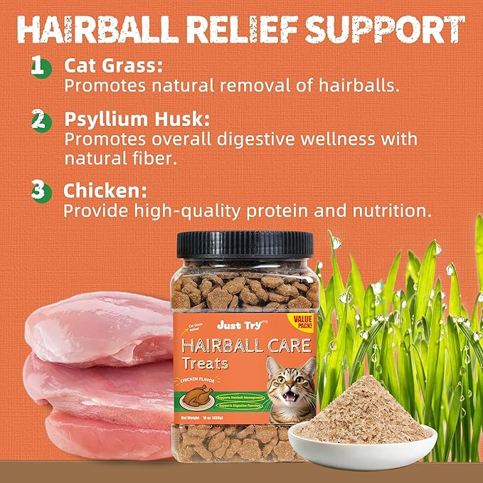 Just Try 16 OZ Hairball Support Cat Treats Hairball Removal Chicken Flavor Healthy Cat Snacks Training Biscuits