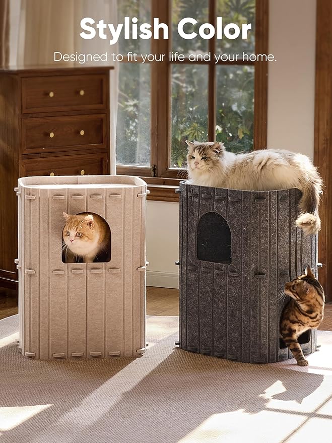 FUKUMARU Cat House for Indoor Cats, 23.62 Inch Large Cat Bed Cave Condo, 2-Storey Cozy Felt Covered Cats Tunnel Kitten Hideaway for Multicats, Scratch Resistant, Beige
