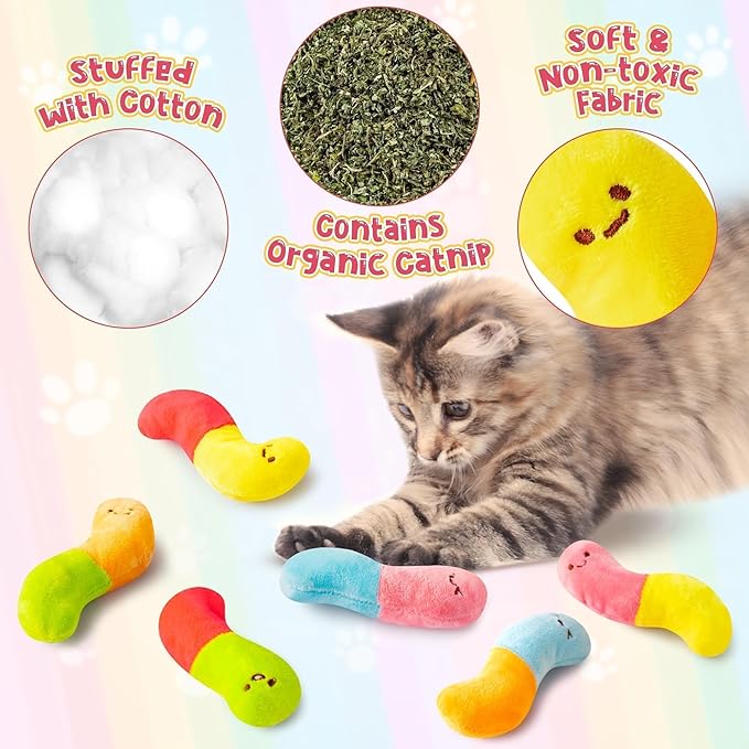 L1rabe Worm Candy Catnip Stuffed Toys for Cats- 6P Pet Days Colorful Worm Organic Kittens Toys Funny Indoor Chew Bite Kick Tools, Interactive Pet Supplies Cat Kittens Lovers Birthday Presents