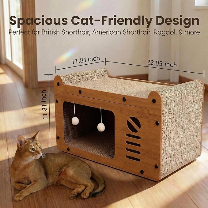 Luxury Cat Scratcher House, Retro TV Shaped Cat Condo, Large Cardboard Cat Scratching Board with Premium Dark Walnut Finish, Elegant Pet Furniture, 22x12x12in
