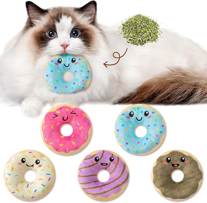 L1rabe Donut Catnip Stuffed Toys for Cats - 5Pcs Pet Days Funny Dessert Organic Cat Toys Pet Supplies, Indoor Cats Chew Bite Teething Tools Kittens Catmint Birthday Present Interactive Supplies