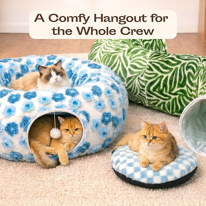 Meowfia Indoor Cat Tunnel with Donut Bed - Large Flexible Play Space for Multiple Pets - Circle or Snake Shape, Cozy Lounge (Jungle Nest)