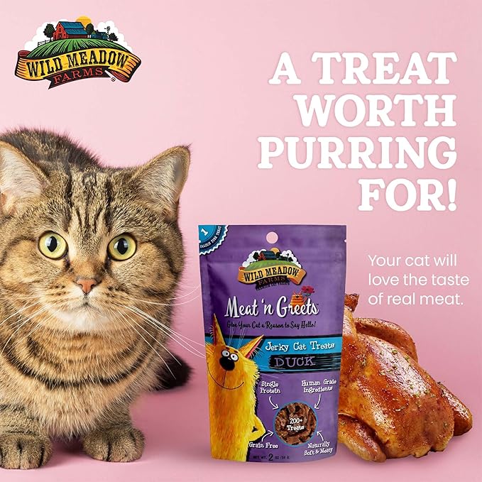 Cat Treats - Meat 'N Greets - Soft Jerky Treats with Real Meat, High Protein, Grain-Free, Perfect for Training & Rewarding, All Natural Snacks for Cats - Duck Flavor
