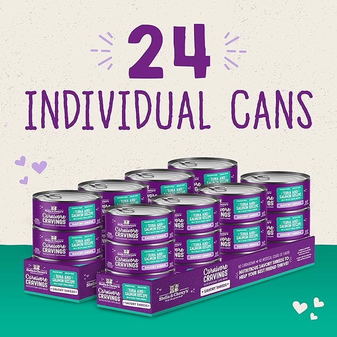 Stella & Chewy's Carnivore Cravings Savory Shreds Cans – Grain Free, Protein Rich Wet Cat Food – Wild-Caught Tuna & Salmon Recipe – (2.8 Ounce Cans, Case of 24)