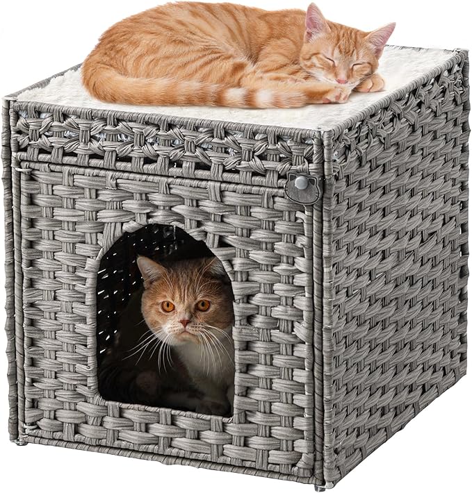 SETVSON Cat Beds for Indoor Cats Extra Large Double Cat Cave Pet Cube, Handwoven Rattan Cat Houses with Double-Sided Soft Cushions, 18.5 x 20.5 x 19.1 Inches Foldable Hideaway in Living Room Gray