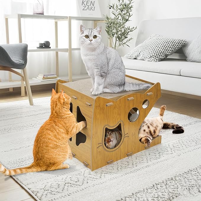 WRINGKIT Cat Scratcher House, 2 in 1 Cat Cardboard House with 2 Scratching Pads, Sturdy Cat House Lounge for Indoor Cats to Rest and Hide, Maximum Load Capacity 66 Lbs