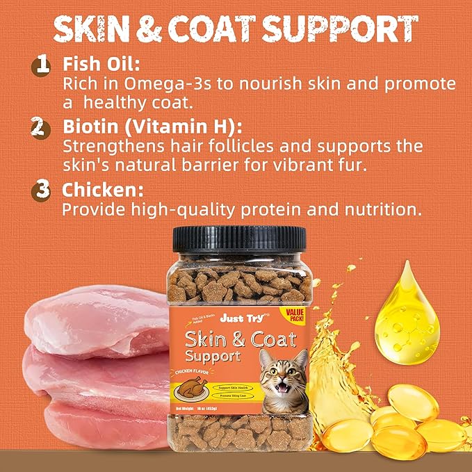 Just Try 16 OZ Skin & Coat Support Cat Treats - Cat Omega 3 Oil Salmon Oil Snacks - Supports Healthy Skin, Cat Itchy Skin Relief - Chicken Flavor